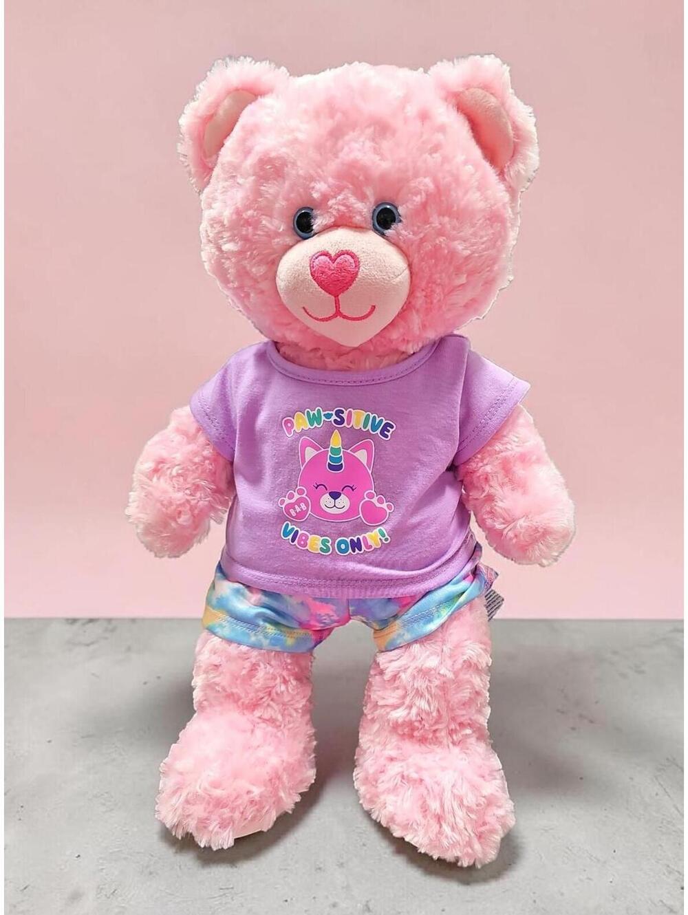 Build-A-Bear Pink Teddy Bear Plush Paw-sitive Vibes Only Shirt Tie-Dye Shorts